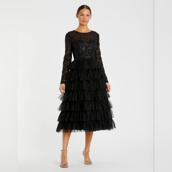 Mac Duggal Long Sleeve Ruffle Tiered Midi Dress